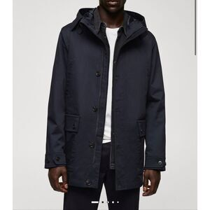 Mango $120 Hooded Parka Jacket Cotton Blend Navy Mens Small NEW